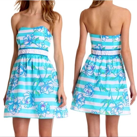 Lilly Pulitzer Strapless Langley Dress Shorely Blue Tossing The Line 8 Floral - Picture 1 of 14